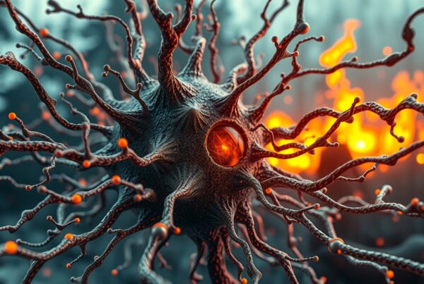 Surreal digital art of a neuron with fiery glow.