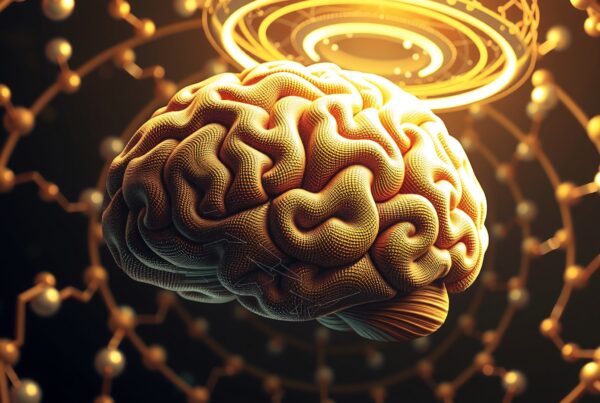 "Futuristic brain with glowing molecular network, symbolizing artificial intelligence and innovation."
