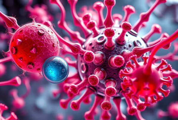 A detailed artistic render of virus-like particles with spikes in vivid pink and blue hues against a blurred background.