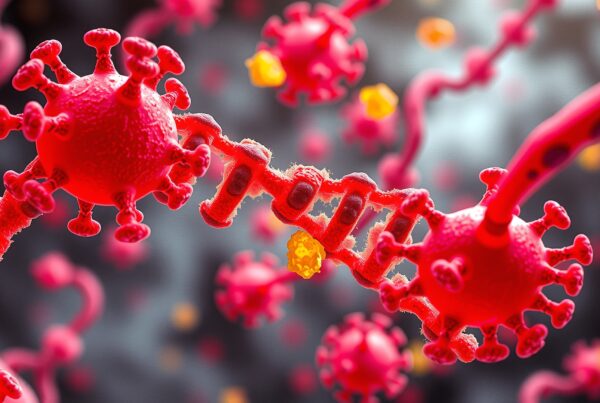 Close-up of a red virus with connecting structures and spikes in a microscopic view.