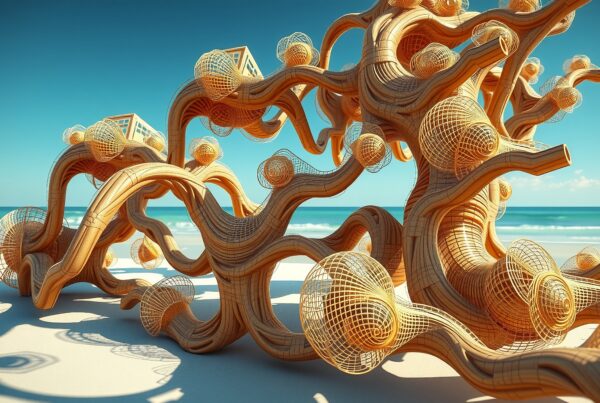 An abstract tree sculpture on a sunny beach.