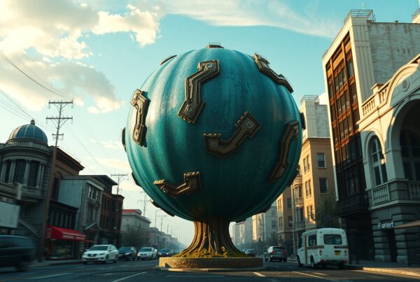 A futuristic blue sphere sculpture stands prominently in a bustling city street, blending nature and technology.