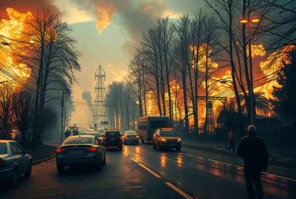Molten flames engulf city street, chaos ensues amidst urban escape.