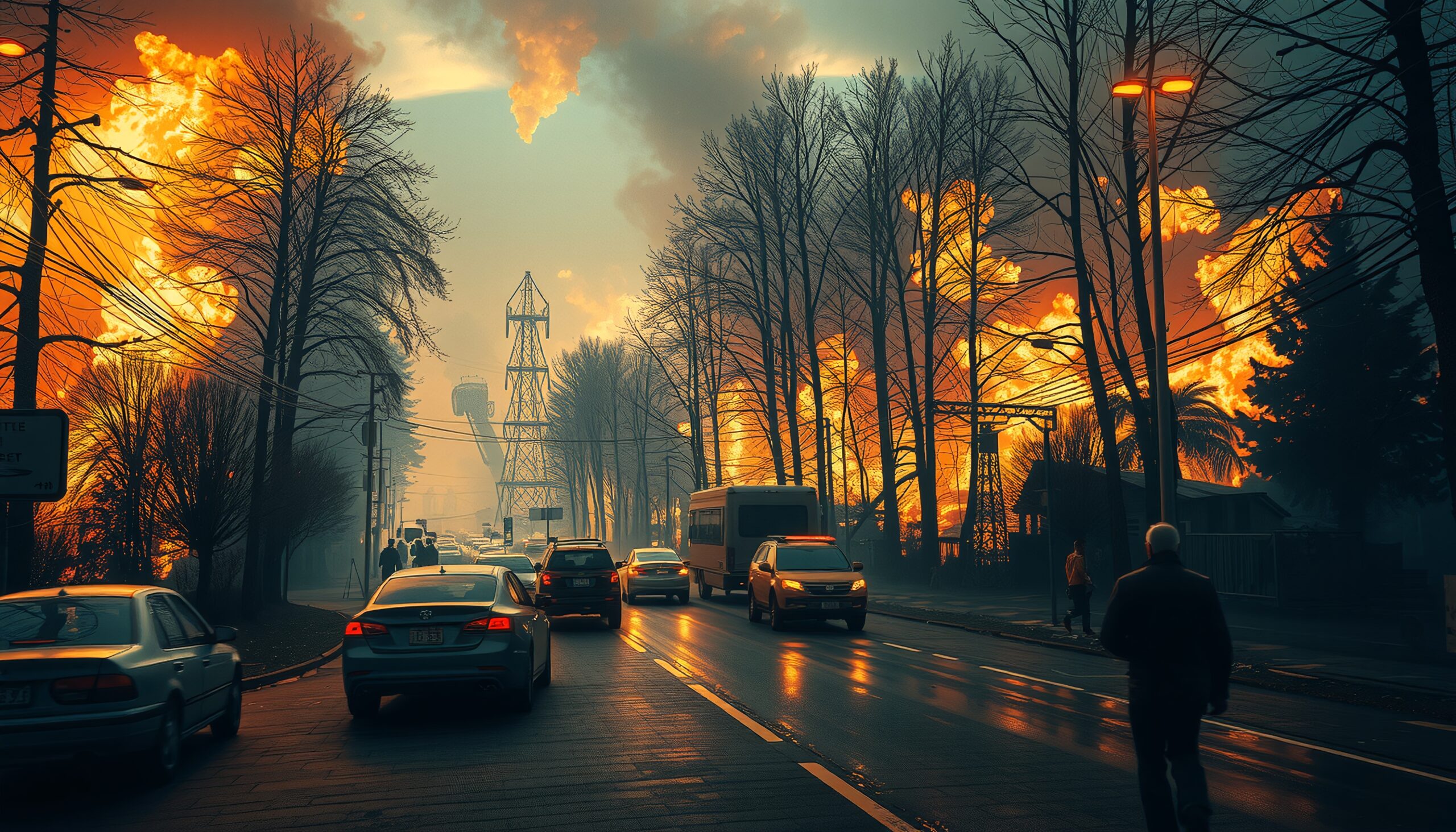 Fiery Urban Street Scene