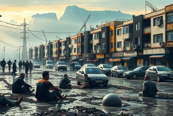 A surreal urban scene with people sitting meditatively in the street amidst cars and buildings under a cloudy sky.