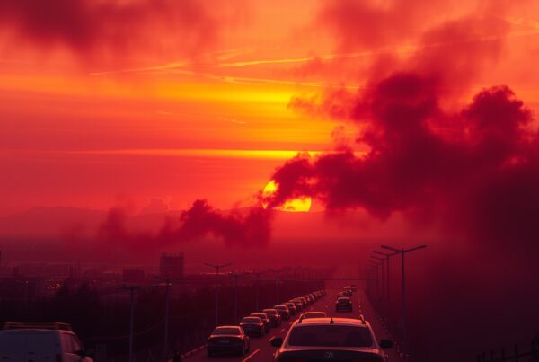 A sunset casts dramatic red and orange hues over a traffic-filled road, creating a striking urban landscape.