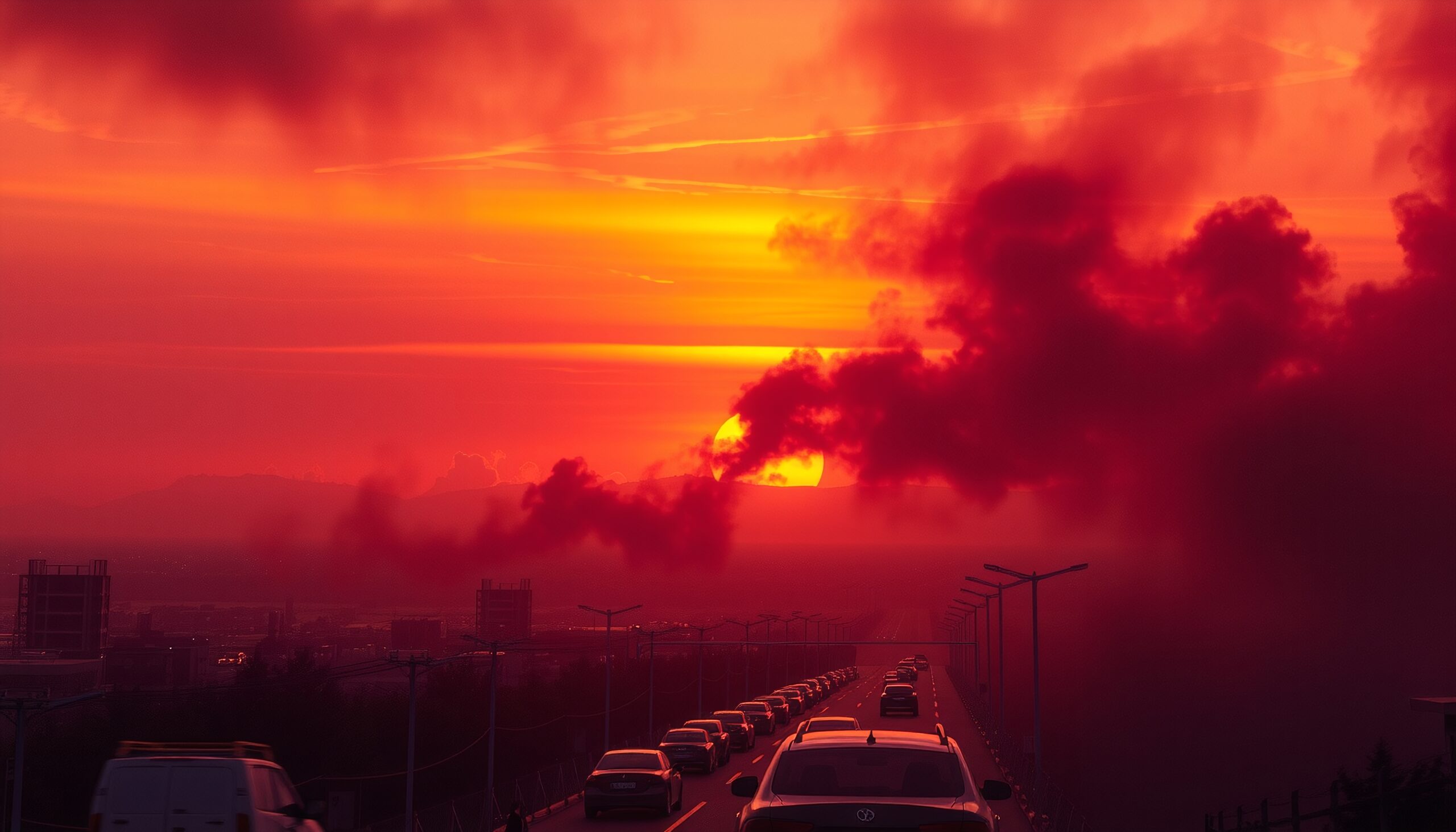 Urban Sunset Over Traffic Jam