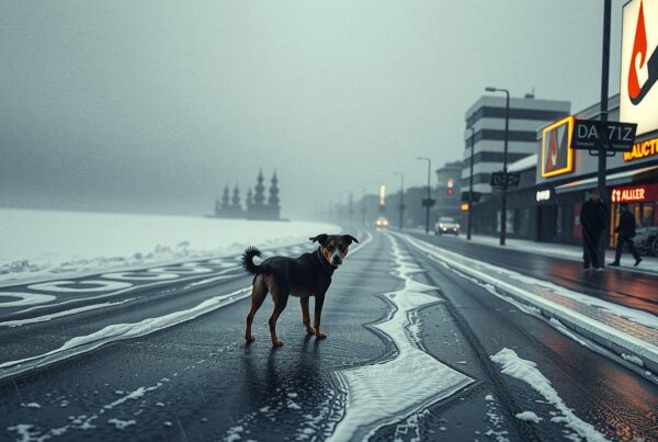 A dog stands on a snowy street with glowing storefronts and foggy skies.