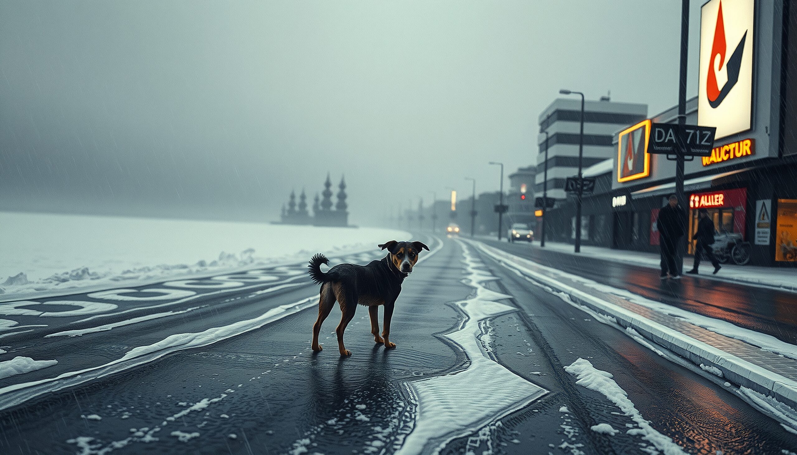 Snowy Street Dog Winter Stroll