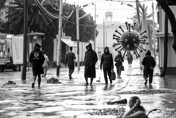 Black and white image of people in hooded jackets navigating a flooded street with a floating virus model.
