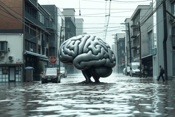 A large brain sculpture in a flooded urban street.