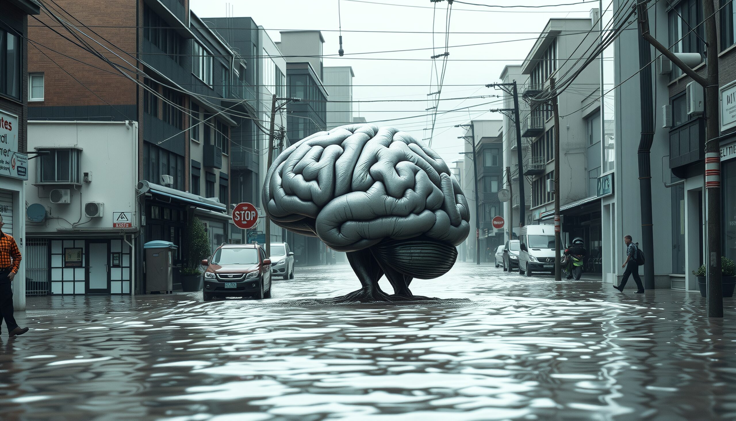 Surreal Brain in Flooded Street