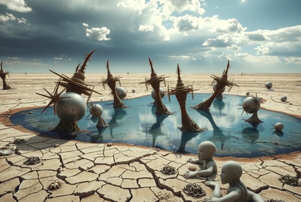 Surreal landscape with sculptures and pool in a desert.