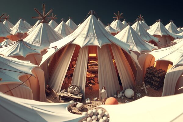A cluster of futuristic tents under a clear sky, revealing intricate mechanical structures and a variety of goods inside, with a person standing at the entrance.