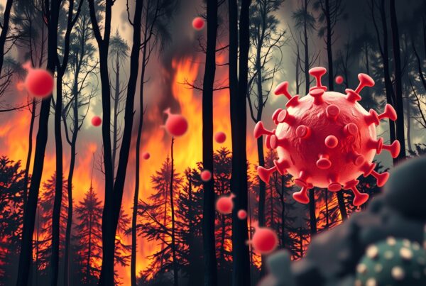 Image showing wildfire-ravaged forest with virus overlay.