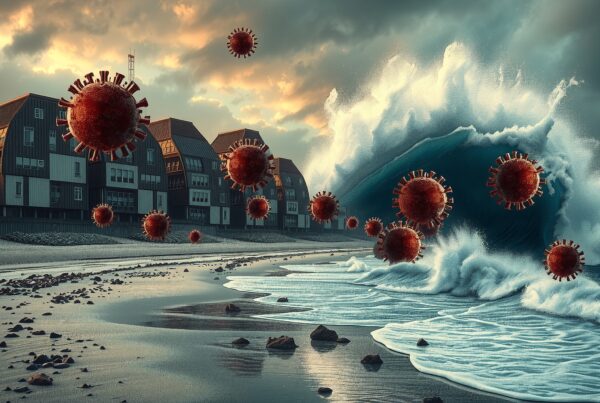 Dramatic scene of virus-like particles hovering over a coastal town with massive waves approaching under a cloudy sky.