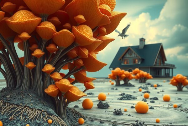 A surreal landscape with large orange mushroom-like plants, a house, and flying bird.