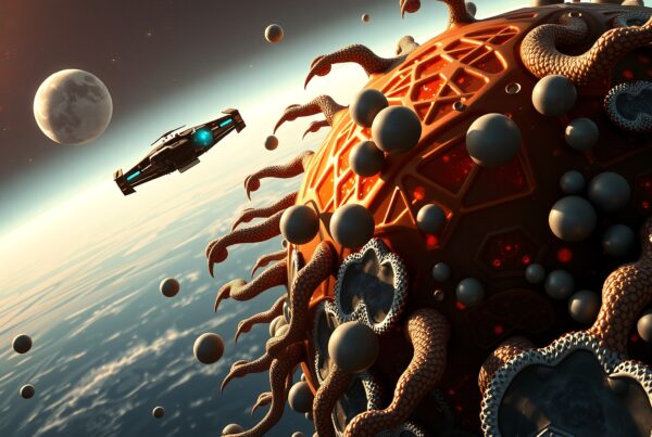 Futuristic spacecraft approaching alien sphere.