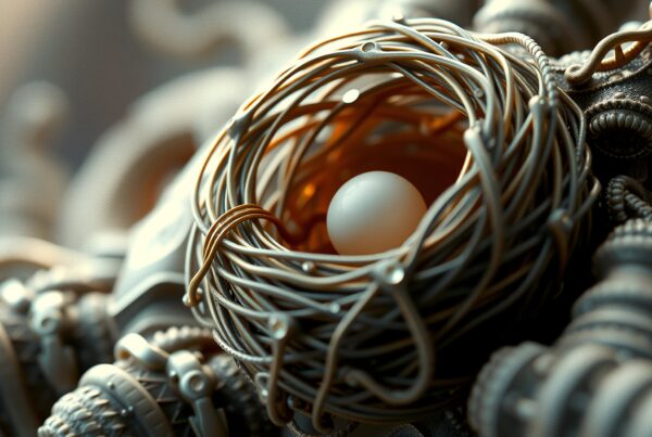 Intricate metallic structure with spherical center.