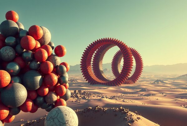 A surreal landscape with red and gray spheres alongside floating rings in a desert.