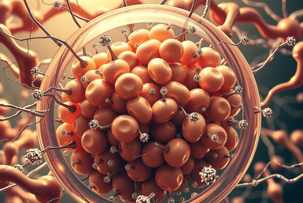 Intricate cellular structure with orange spheres and silver spikes in translucent membrane.
