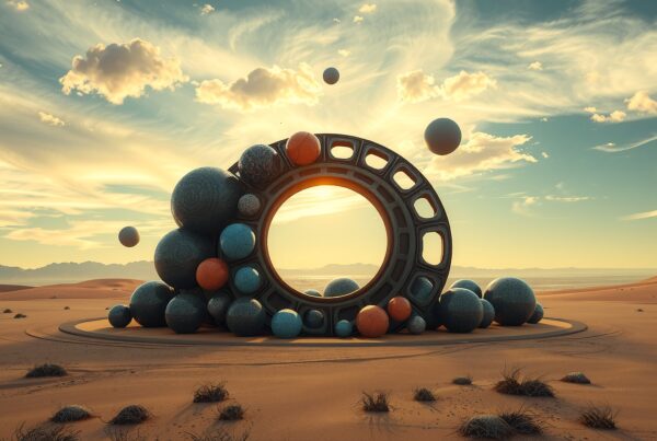 A surreal landscape with floating spheres and a circular structure in a desert sunset.