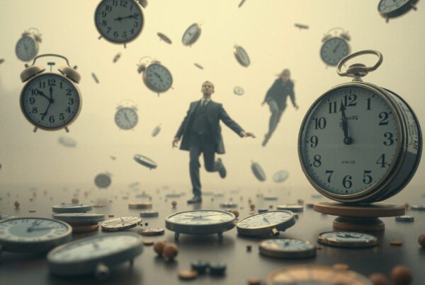 A man and woman navigate a dreamlike world with floating clocks.