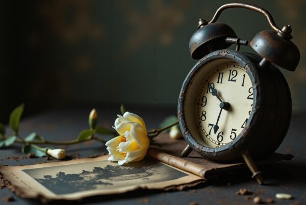 Vintage alarm clock with rose, resting on old photograph, evoking timeless nostalgia.