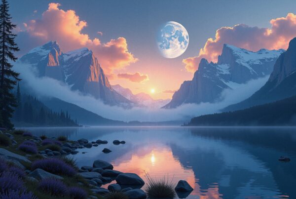 A mystical landscape with a vibrant sky reflects on a tranquil lake, framed by majestic snow-capped mountains and a hovering moon.