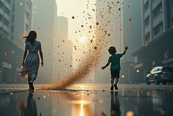 A woman and child in a dreamlike sunset street scene with particles.