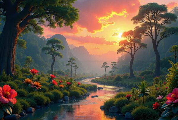 A serene river winds through lush, vibrant landscapes under a stunning sunset, surrounded by towering trees and colorful flowers.