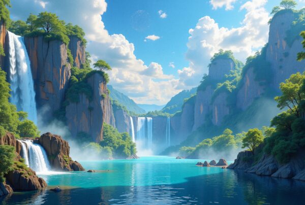 A landscape with towering cliffs adorned with lush green foliage and cascading waterfalls