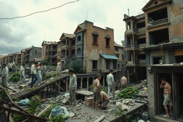 Image of people standing among the ruins of dilapidated buildings, illustrating urban decay and desolation.