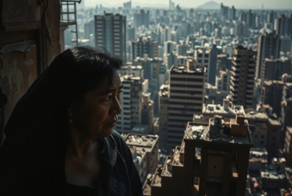 A contemplative woman looks out over a dense cityscape of high-rise buildings under the sunlight.
