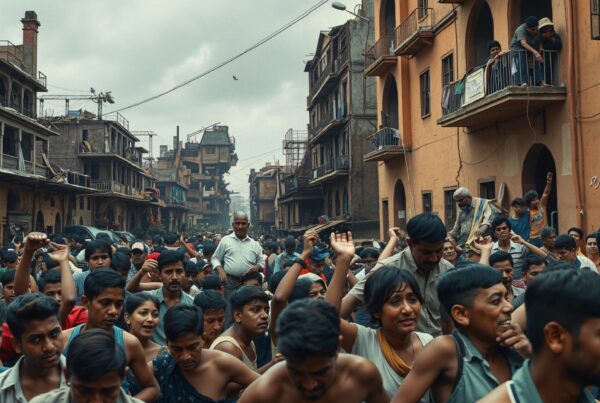 A bustling urban street filled with a large crowd celebrating with lively expressions and dynamic interactions against an architectural backdrop.
