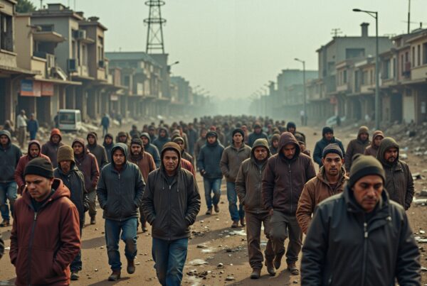 A large group of men in hooded jackets walk down a foggy urban street filled with debris.