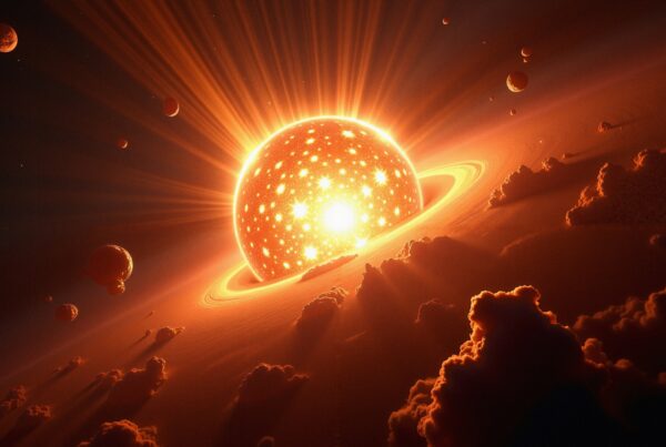 A cosmic scene featuring a glowing sphere surrounded by celestial bodies and clouds.