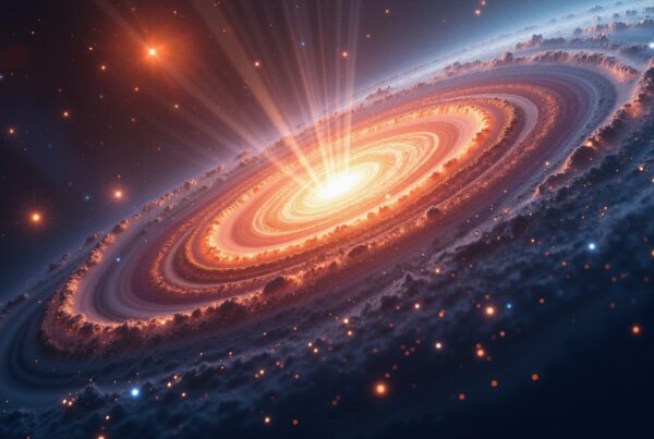 A vivid depiction of a glowing cosmic disk, showcasing bright light beams in deep space.