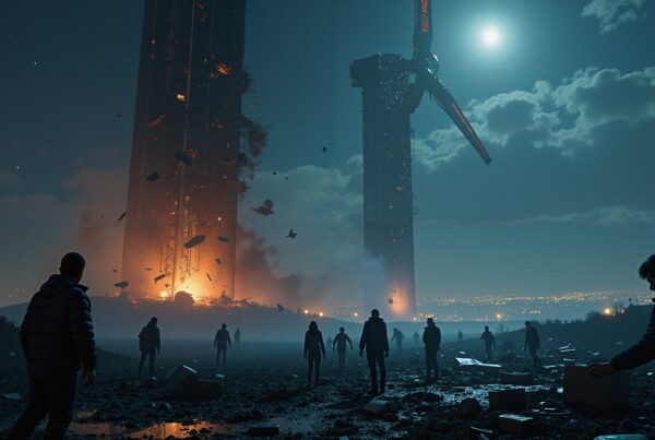 A dramatic scene of figures silhouetted against burning towers under a glowing moonlit sky amidst scattered debris.