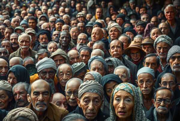 A large group of elderly people stands closely together, showcasing unity and diverse expressions.