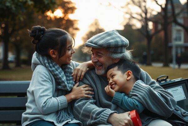 Grandfather laughing with children on park bench during autumn.