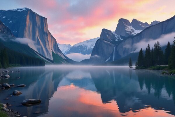 "Majestic mountains reflected in tranquil lake at sunrise."
