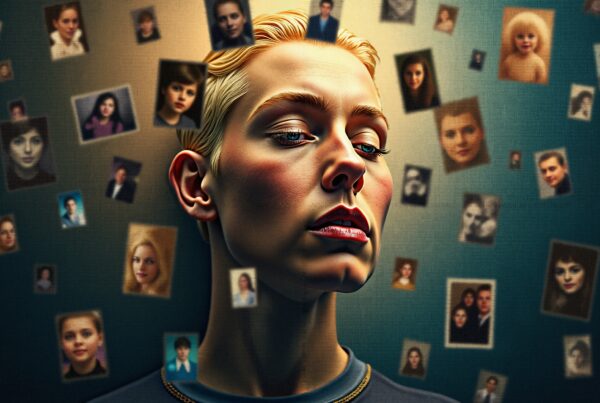 A contemplative person amidst vintage photographs reflecting memories and nostalgia.