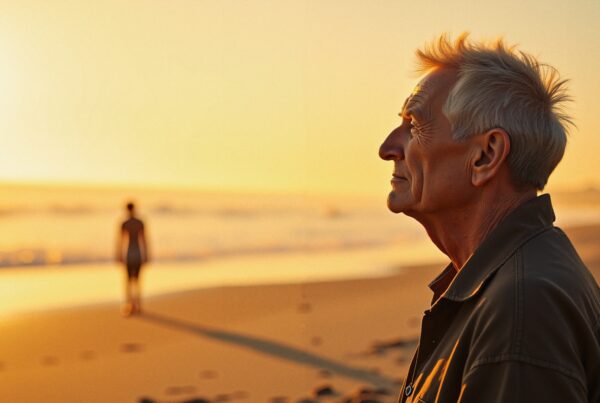 Portrait of an elderly man reflecting by the ocean during a golden sunset with distant figures and serene waves.