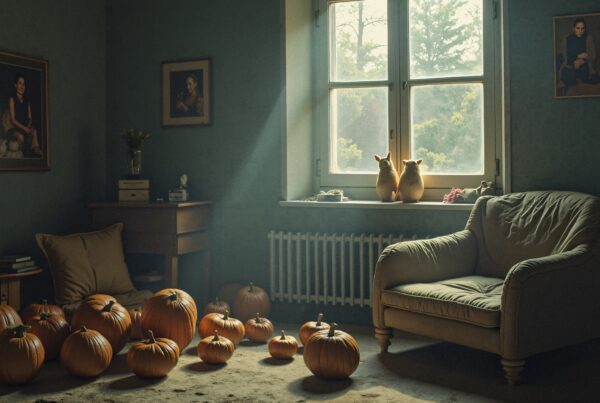 Cozy room with pumpkins, armchair, and portraits by a sunlit window.