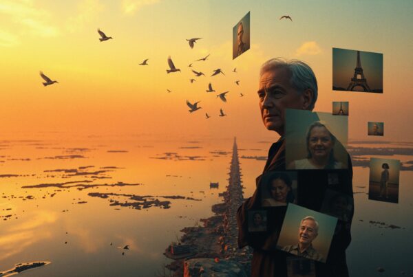 A man stands with floating photos at sunset, birds flying.