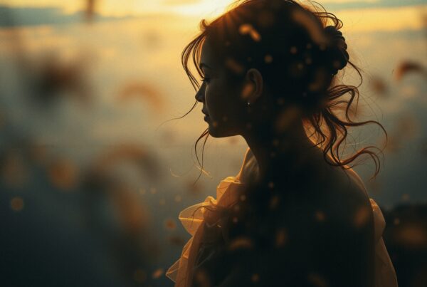 A woman's silhouette at sunset with gentle curls and golden light creating a serene atmosphere.