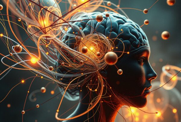 Abstract side view of a human head with glowing neural networks and orange nodes against a teal background, illustrating brain connectivity and neuron activity.