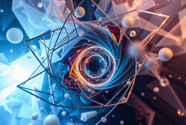 Abstract digital art with swirling geometric shapes and spheres in vibrant blue and orange tones.