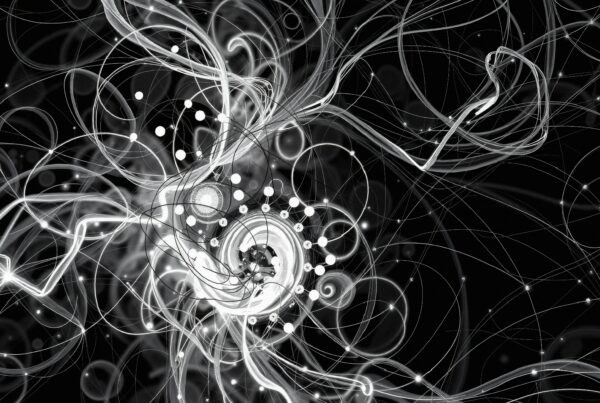 Abstract image featuring swirling lines and dots in monochrome.